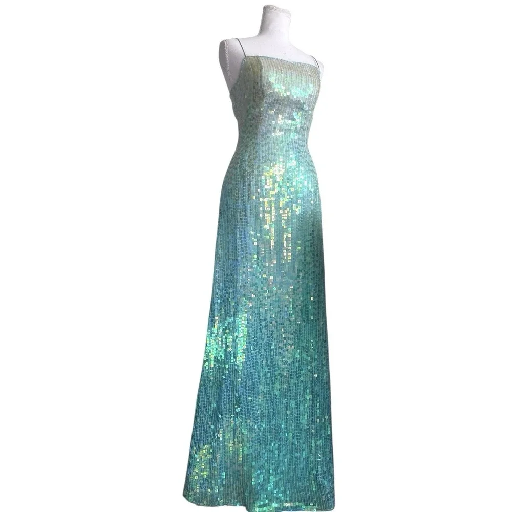 Vintage Cache Silk Beaded Ombré Sequins Iridescent Gown Mermaid Embellished Y2k - Picture 7 of 16